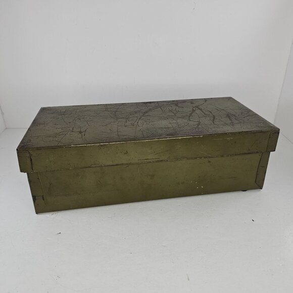 Vintage Metal File Storage Box Olive Green Distressed Finish With Lid Bankers - Picture 3 of 12